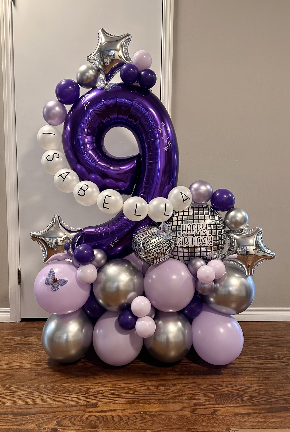 Purple balloon number stack with custom printed name balloons, Winnipeg