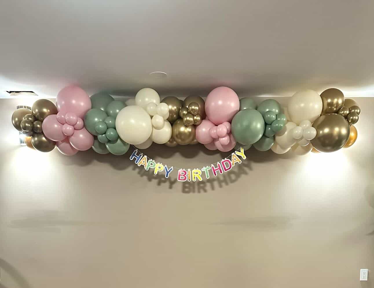 Sage, pink and gold Grab and Go balloon garland with a Happy Birthday banner, Winnipeg